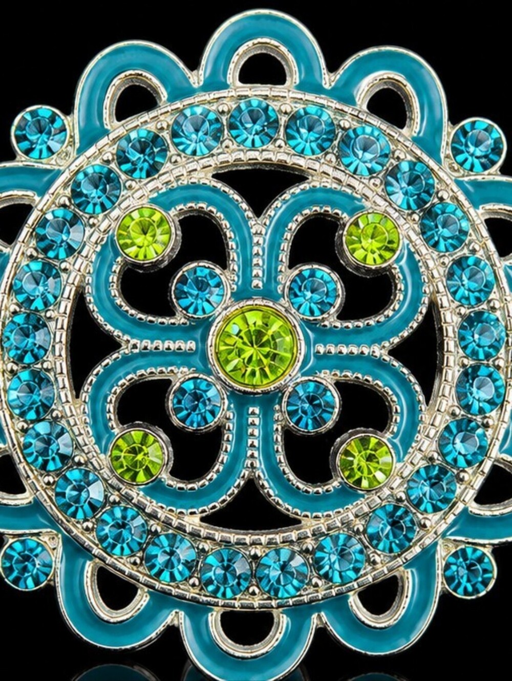 Vintage Turquoise Enamel Crystal Rhinestone Brooch Silver Tone Statement Pin Y2K